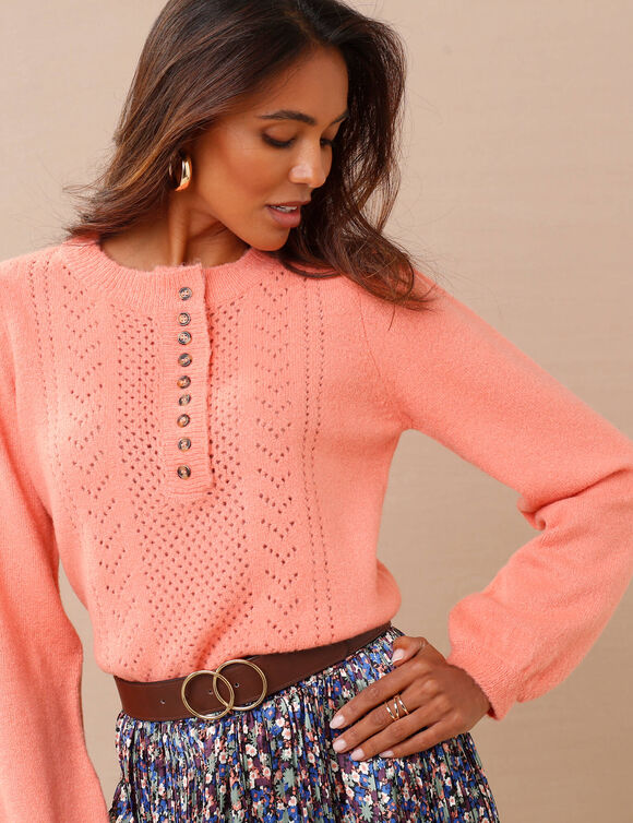 Pull ajouré col tunisien boutonné (pêche)
