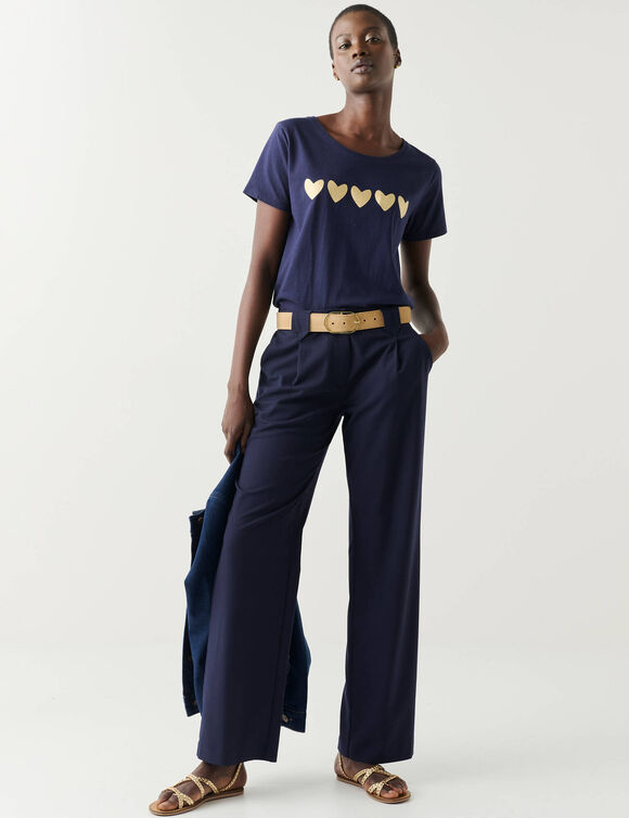 T-shirt met korte mouwen, goudkleurige hartjesprint (marine)