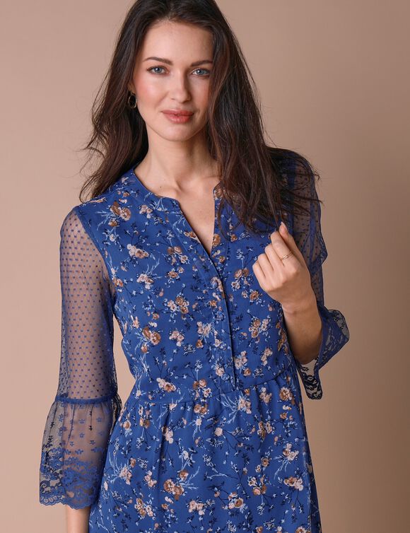 Robe dentelle manches 3/4 imprimée (bleu grisé)