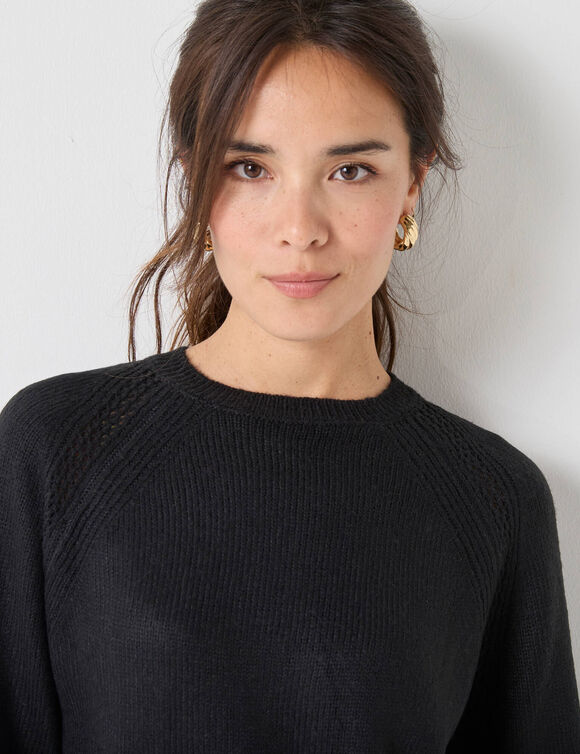 Pull col rond, maille fantaisie toucher doux (noir)