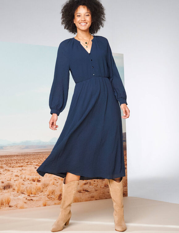 Robe longue évasée, manches blousantes (marine)