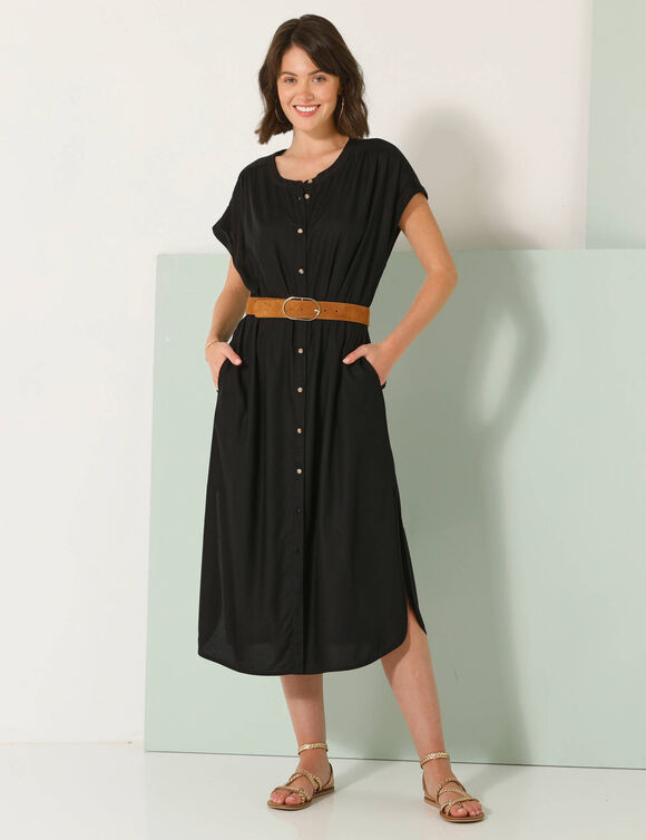Robe longue boutonnée unie, fluide (noir)