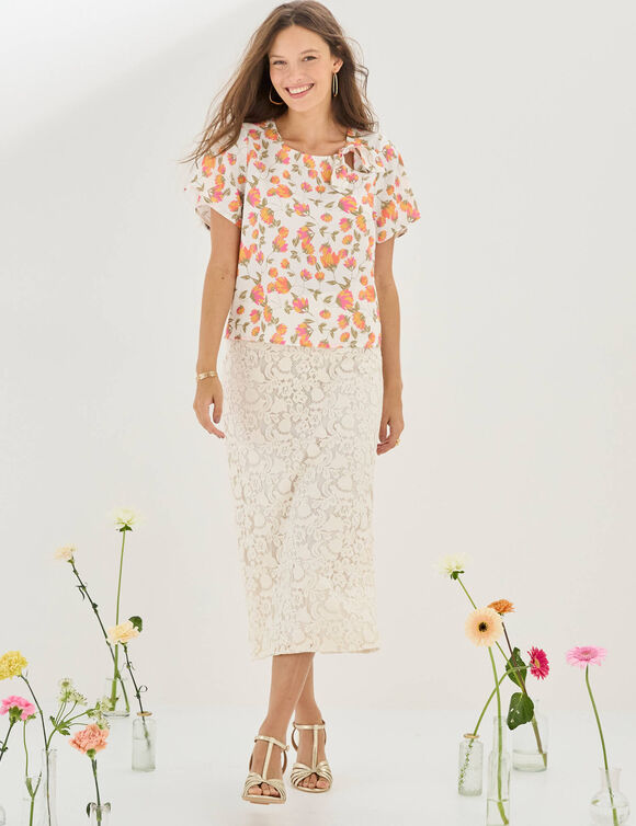 Blouse imprim&eacute;e fleurs, noeud fantaisie (&eacute;cru / rose)