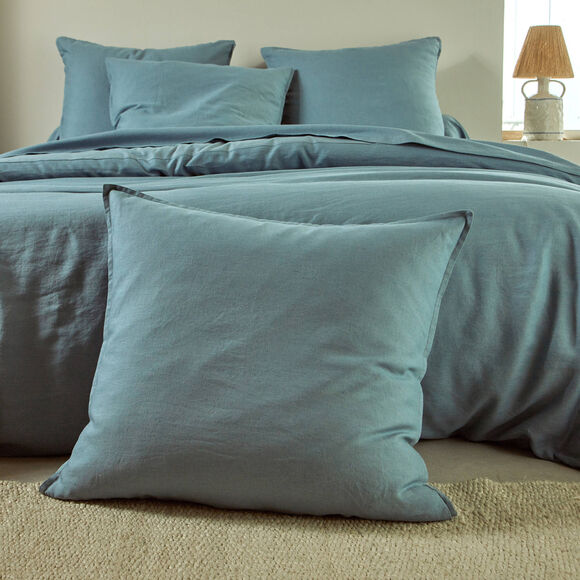 Linge de lit uni biface lin lavé / coton lavé  (bleu grisé)