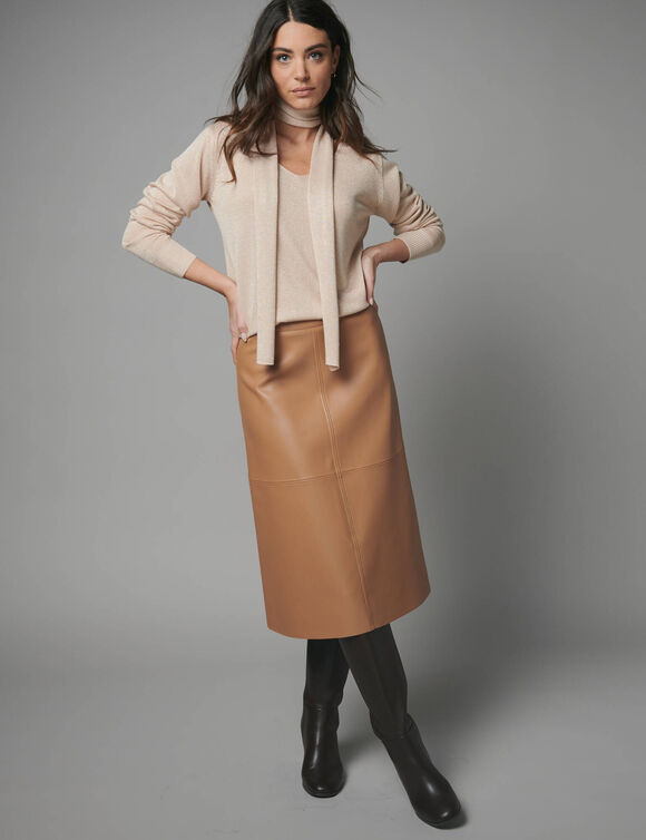 Halflange uitlopende rok, met leerlook** (karamel)