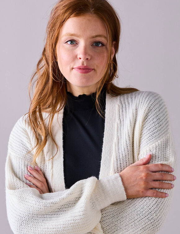 Gilet long porter ouvert, maille anglaise toucher doux (écru)