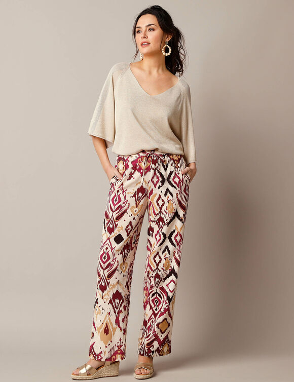 Pantalon fluide large, imprim&eacute; (beige)
