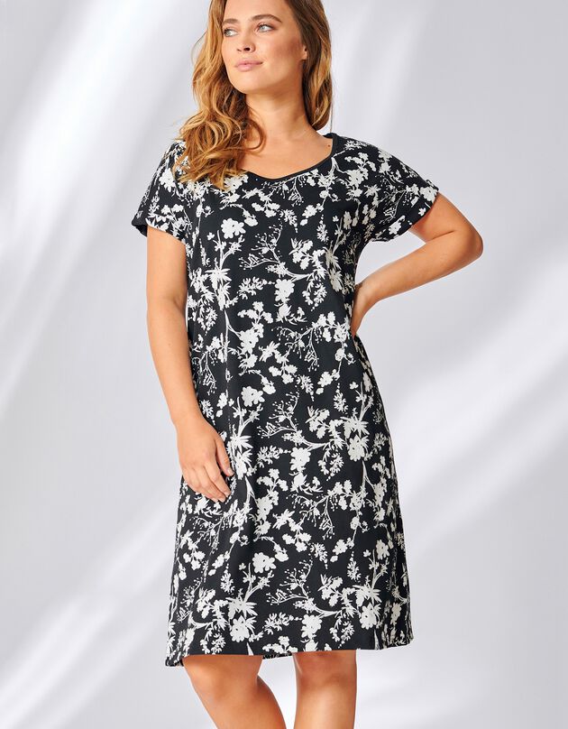 Chemise de nuit manches courtes imprimé floral, noir / blanc Chemise de nuit manches courtes imprimé floral, noir / blanc, hi-res