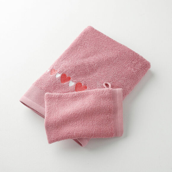 Serviettes de bain brodées cœurs (vieux rose)