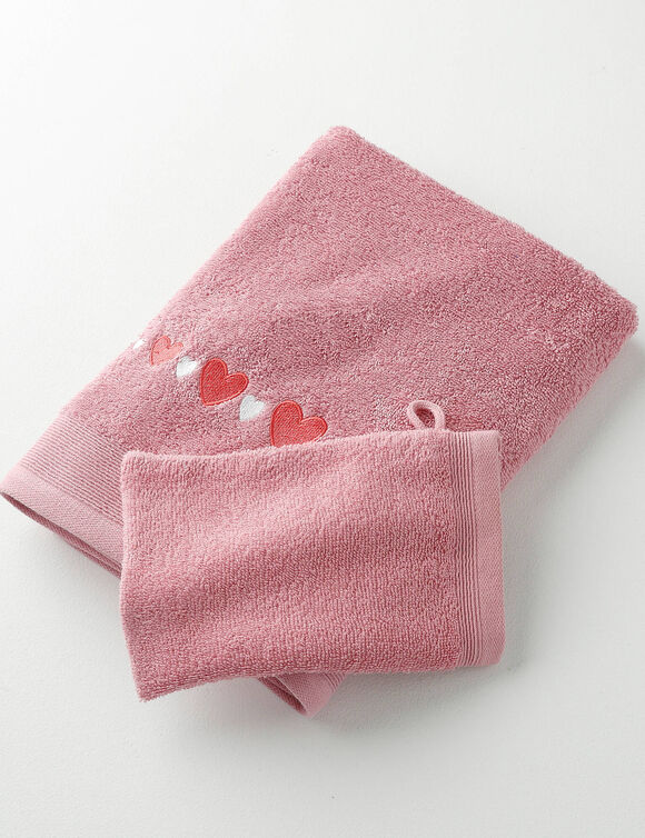 Serviettes de bain brodées cœurs (vieux rose)