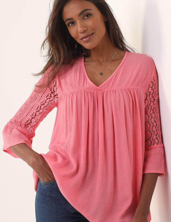 Blouse unie col V manches 3/4 macramé (rose blush)