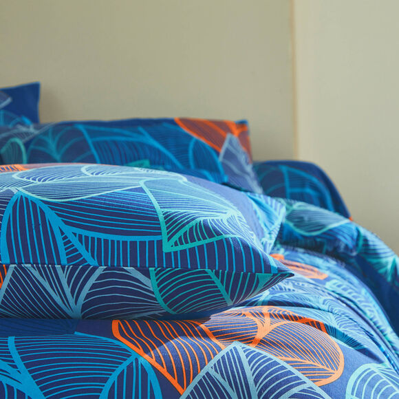 Linge de lit Elsa en polycoton à motifs feuilles (bleu)