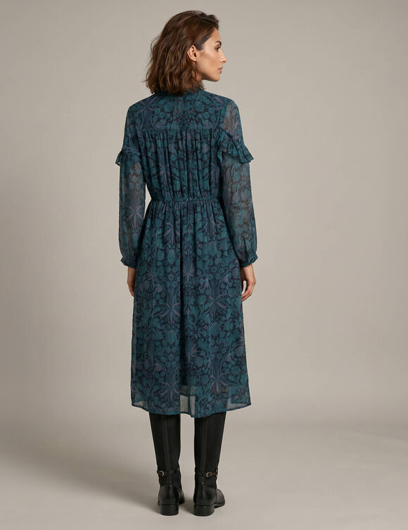 Lange jurk met V-hals, voile met bloemenprint (paars)