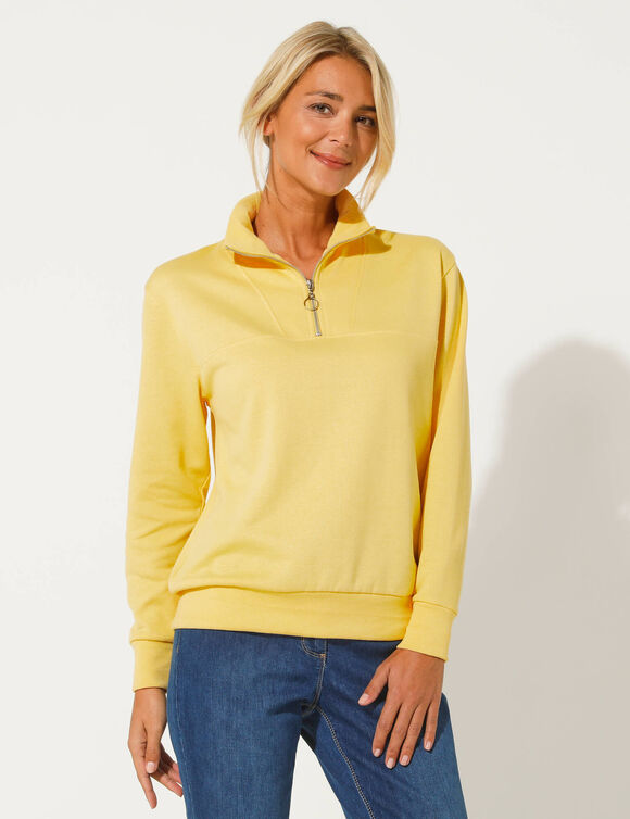 Sweat col montant zippé en molleton gratté (jaune pâle)