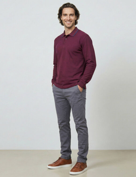 Polo uni maille piqu&eacute;e manches longues (bordeaux)