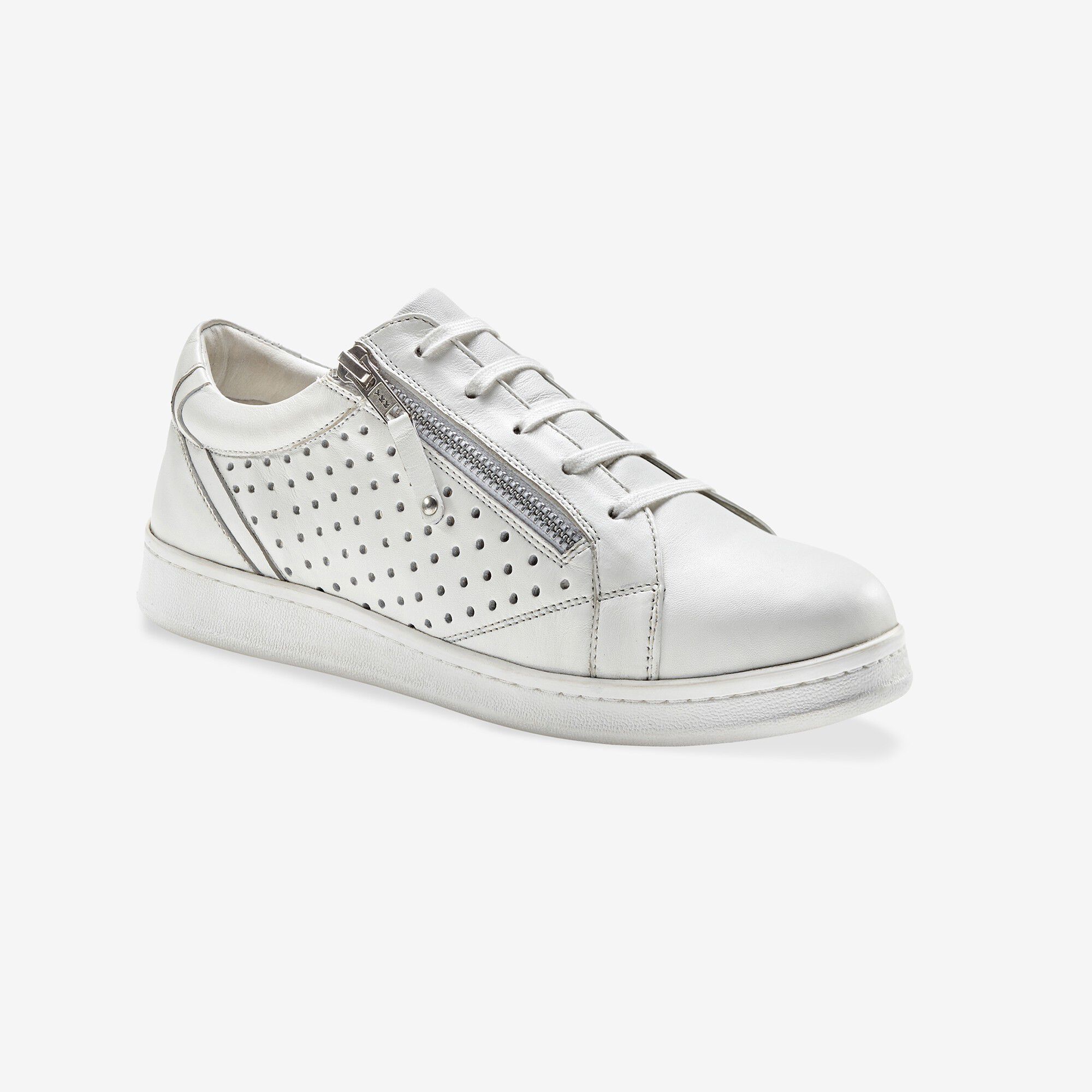 Sneakers in geperforeerd leer met rits, wit | Blancheporte