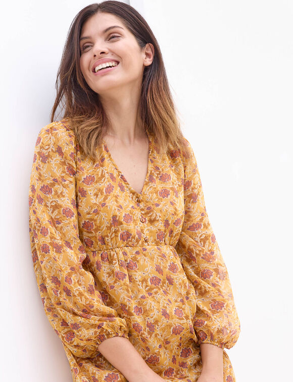 Korte jurk, in bedrukte voile (hazelnootbruin / ecru)