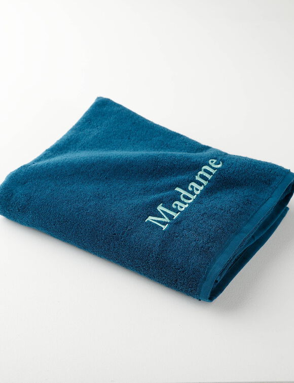 Collectie badhanddoeken 420 g/m2, 'MADAME' borduursel (pauwblauw)