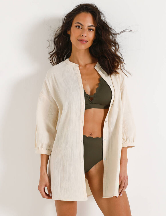 Tunique boutonn&eacute;e manches 3/4, en gaze de coton gaufr&eacute;e (ecru)