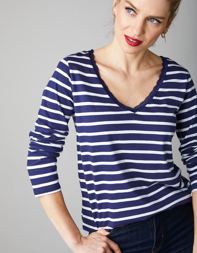 Tee-shirt marinière col dentelle - marine/blanc, marine / blanc Tee-shirt marinière col dentelle - marine/blanc, marine / blanc, hi-res