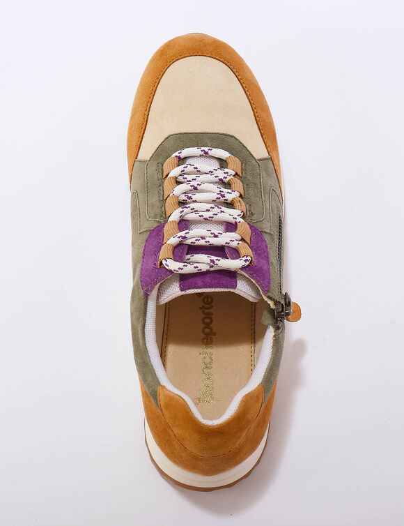 Baskets sneakers cuir, empiècements fantaisie contrastés (kaki / beige)