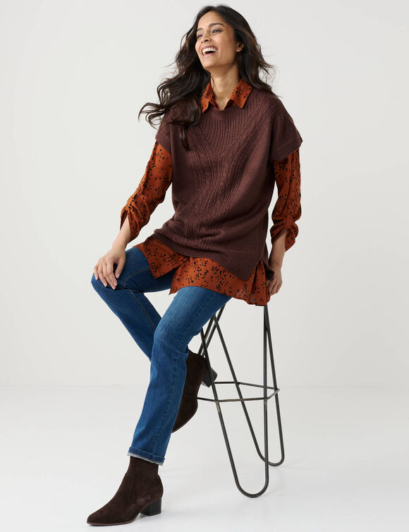 Pull-tunique sans manches, maille fantaisie (chocolat)