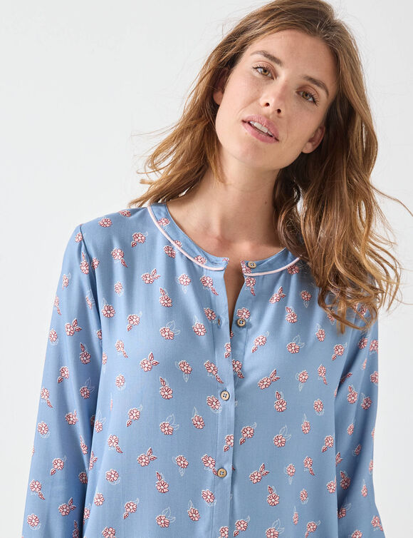 Chemise de nuit forme liquette imprimé fleuri boutonnée devant  (bleu / rose)