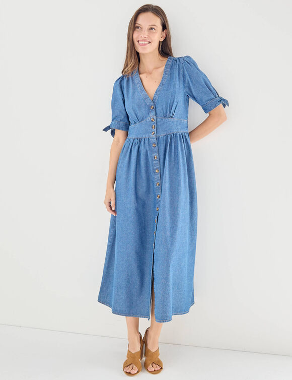Robe longue en denim, &eacute;vas&eacute;e (stone)
