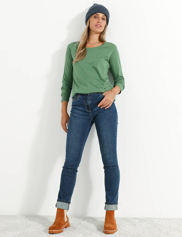 T-shirt col rond manches longues uni (vert mousse)