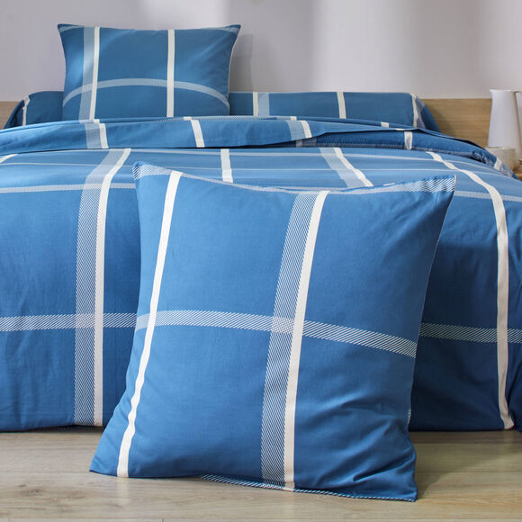 Linge de lit César en coton imprimé carreaux (bleu)