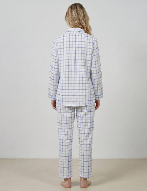 Pyjama pantalon en flanelle tiss&eacute; teint carreaux (&eacute;cru / bleu)