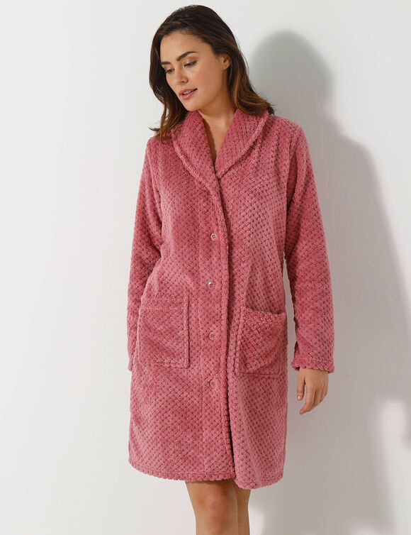 Kamerjas in fleecetricot met sjaalkraag - 95 cm lang (roze)