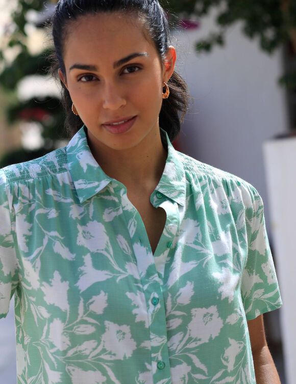 Chemisier smocks épaules, imprimé bicolore (vert / écru)