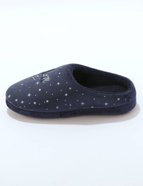 Chaussons mules polaire brodés texte (bleu nuit)