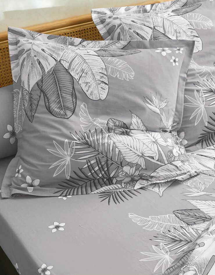 Linge de lit Elyse en coton imprimé fleurs et feuilles de palmes, gris Linge de lit Elyse en coton imprimé fleurs et feuilles de palmes, gris, hi-res image number 2