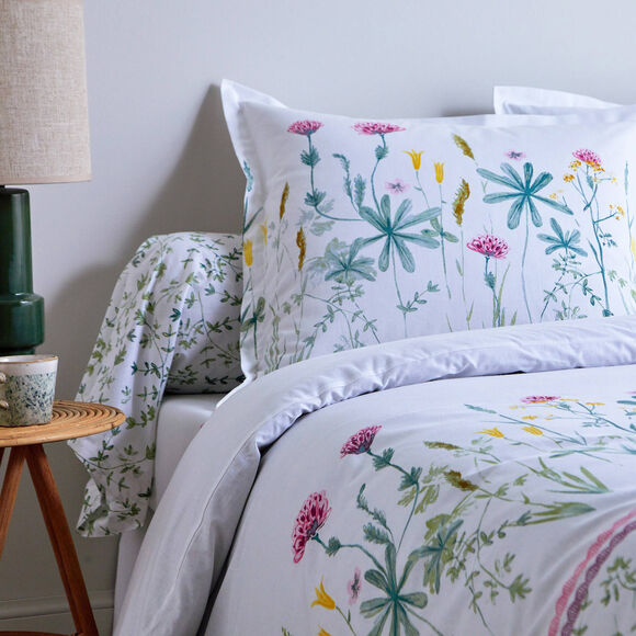 Bedlinnen Julie in katoen met plantenprint (wit / roze)