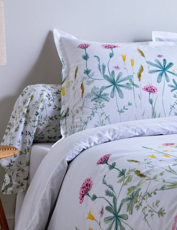 Bedlinnen Julie in katoen met plantenprint (wit / roze)