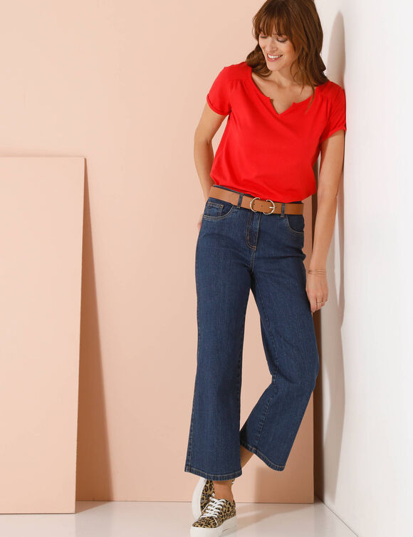 T-shirt col tunisien uni, coton (coquelicot)