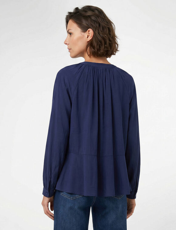 Blouse unie &agrave; basque volant&eacute;e, manches longues amples (bleu encre)