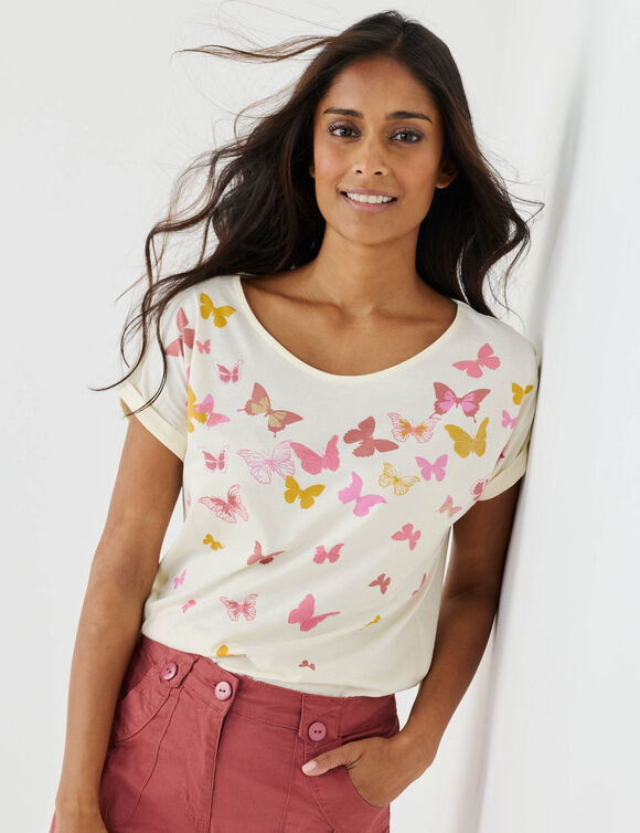 T-shirt boite, imprim&eacute; papillons (vanille)