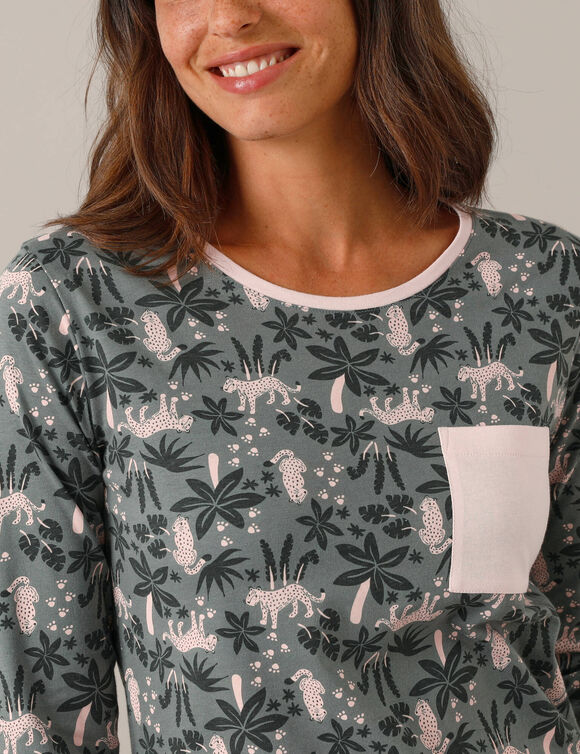 Nachtjapon bedrukt met jungleprint (grijs / roze)