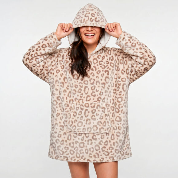 Plaid-sweat polaire &agrave; capuche imprim&eacute; l&eacute;opard, doubl&eacute; sherpa (beige)