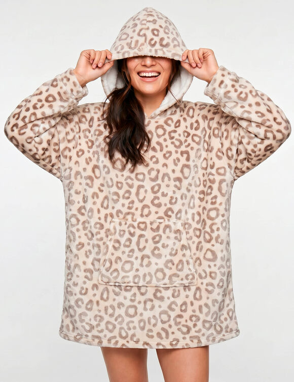 Plaid-sweat polaire &agrave; capuche imprim&eacute; l&eacute;opard, doubl&eacute; sherpa (beige)