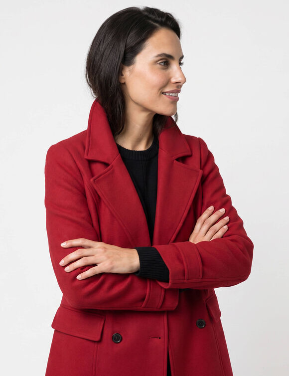 Manteau caban boutonn&eacute; uni (rouge carmin)