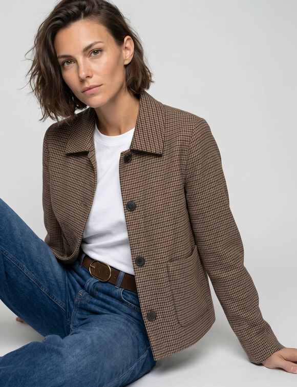Veste boutonn&eacute;e style paletot, imprim&eacute; carreaux (marron)