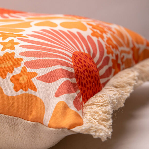 Coussin fleurs color&eacute;es finitions franges (corail / p&ecirc;che)