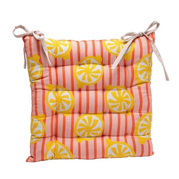 Omkeerbaar stoelkussentje met strepen- en citroenenprint - set van 2 (geel / koraal)