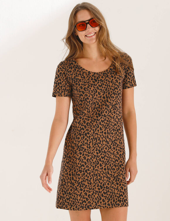 Robe courte imprim&eacute; l&eacute;opard (taupe / noir)