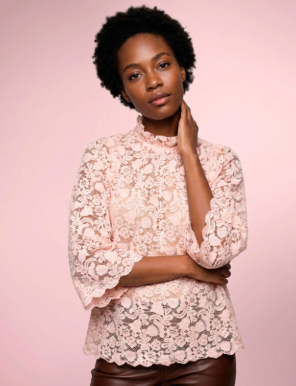 Blouse col volant&eacute; en dentelle, manches larges 3/4 (rose p&acirc;le)