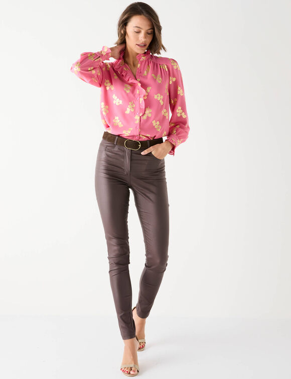 Chemisier volanté, voile imprimé doré (rose)